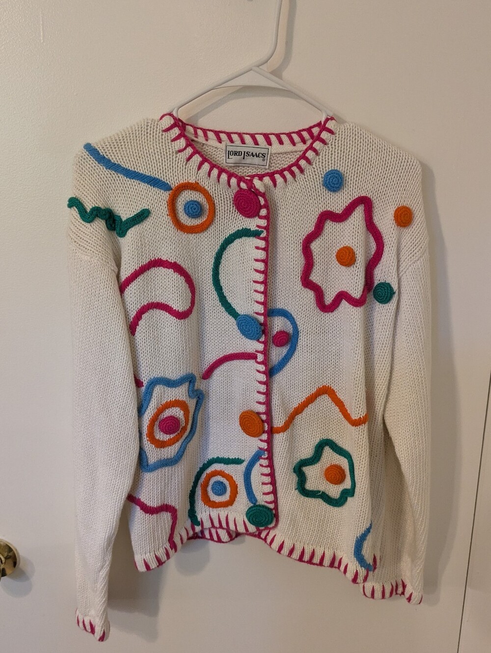 VINTAGE Lord Isaacs White Cotton Multicolor Embroidery knitted Cardigan (Fits m)